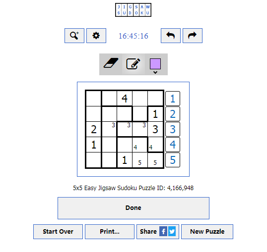 5x5 Easy Jigsaw Sudoku Puzzle